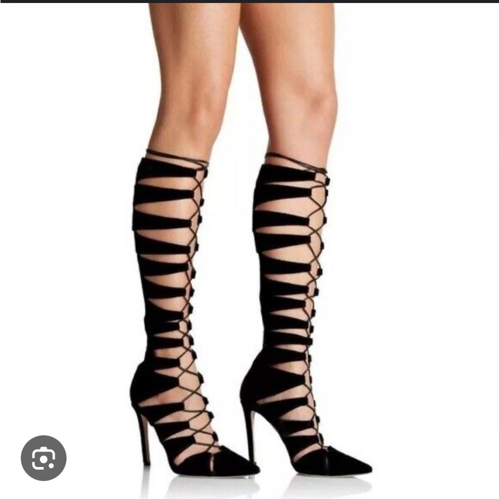 TAMARA MELLON BLACK VELVET LACE UP GLADIATOR Knee High High Heel BOOTS